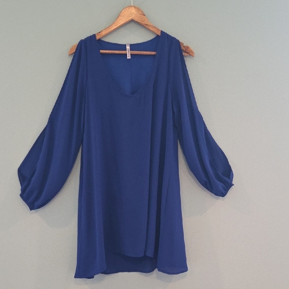 Mittoshop Blue High Low Dress With Cutout Long Sleeve Cold Shoulder Size Small - Picture 2 of 14